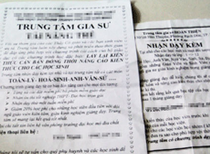 Tờ rơi của các Trung tâm gia sư. (Ảnh chỉ mang tính chất minh họa)