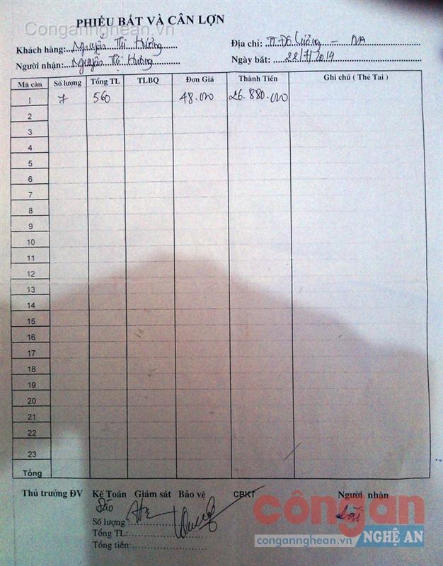 Phiếu bắt và cân lợn  do ông Lài cung cấp