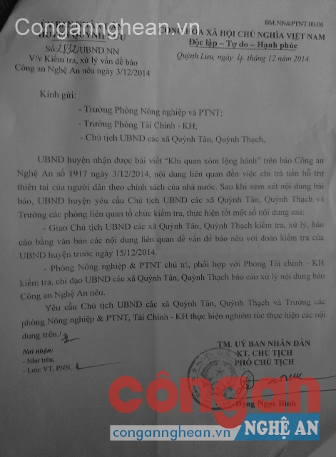 Công văn của UBND huyện Quỳnh Lưu