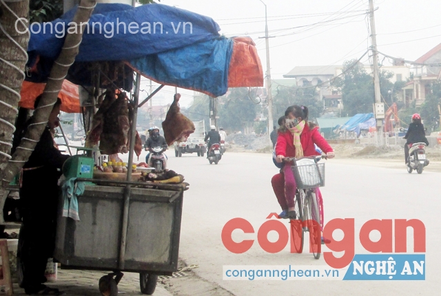 Thực phẩm tươi sống được các hộ dân bày bán ở vỉa hè mà không có dụng cụ đuổi ruồi, nhặng, che đậy khỏi khói bụi ô nhiễm