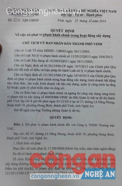Biên bản xử phạt Công ty VHC của UBND TP Vinh