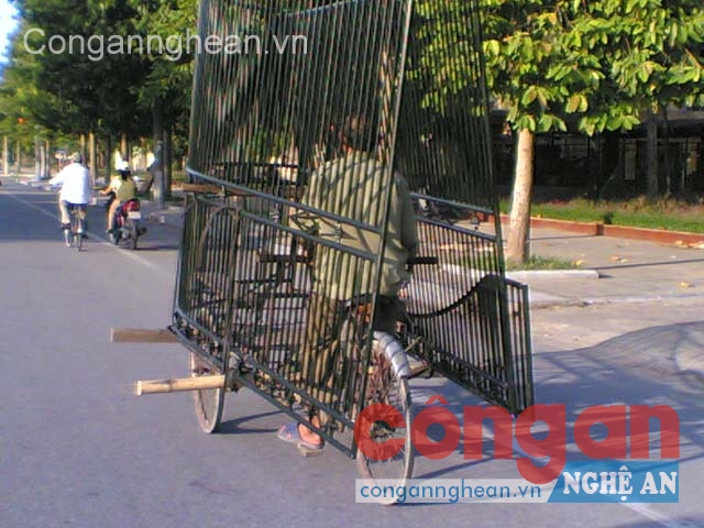 Xích lô chở hàng hóa cồng kềnh trên đường Trường Thi, TP Vinh 
