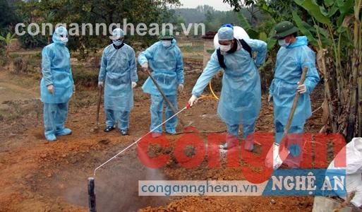 Bộ phận thú y phun thuốc tiêu độc, khử trùng  ở địa bàn bị nhiễm dịch bệnh