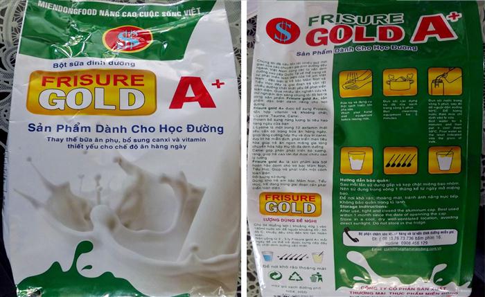 Mặt trước và sau của sản phẩm Frisure Gold A+                             mà các trường mầm non trên địa bàn huyện Tân Kỳ                      sử dụng trong hơn 1 năm qua