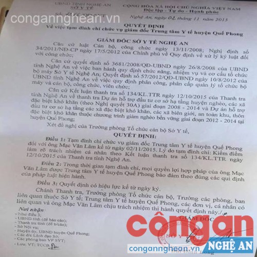 Văn bản đình chỉ chức vụ đối với ông Mạc Văn Lâm