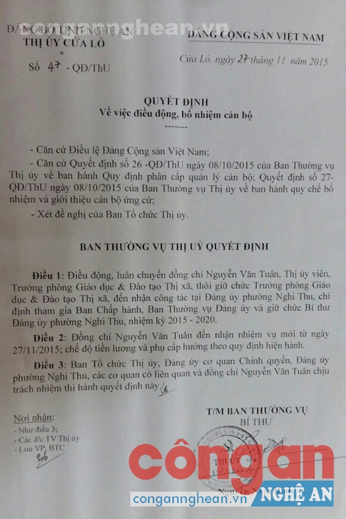  Quyết định điều động ông Tuân giữ chức Bí thư Đảng ủy phường Nghi Thu của BTV Thị ủy Cửa Lò