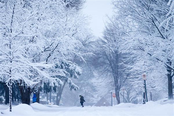 Một cậu bé đi ngang qua con đường phủ đầy tuyết trắng ở Omaha, Nebraska, 02/02/2016.