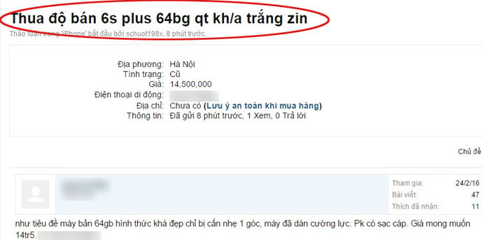 Một thông tin rao bán iPhone 6S Plus 64GB với lý do 