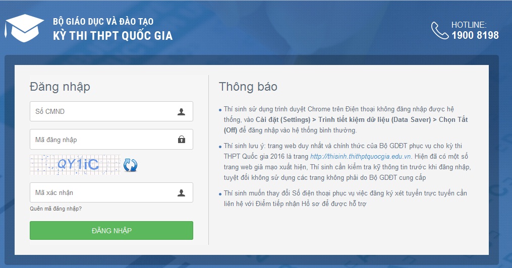 Giao diện Website chính thức phục vụ kỳ thi THPT quốc gia 2016 của Bộ GD&ĐT. Nguồn: Cổng TTĐT Bộ GD&ĐT