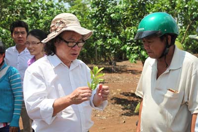 Tiến sĩ Nguyễn Đăng Nghĩa, Phó Giám đốc Trung tâm Nghiên cứu đất phân bón và môi trường phía Nam (trái) hướng dẫn kỹ thuật tại vườn cho nông dân huyện Tân Thành.