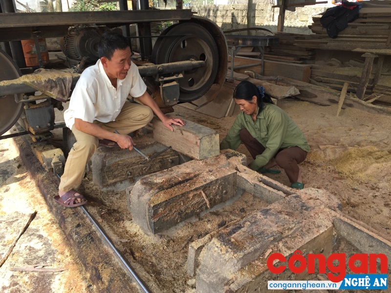 Vợ chồng chị Nguyễn Thị Tân tại xưởng cưa gỗ của gia đình