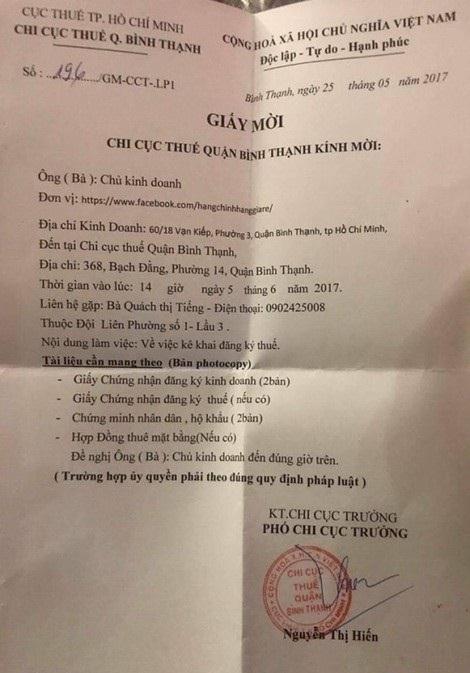 Chi cục Thuế quận Bình Thạnh đã gửi thư đến các chủ cơ sở kinh doanh trên facebook để mời tới làm việc.