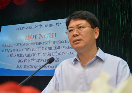 Đồng chí Nguyễn Thanh Tịnh, Phó Chủ tịch UBND tỉnh, Trưởng Ban Chỉ đạo Thi hành án dân sự phát biểu chỉ đạo tại hội nghị.