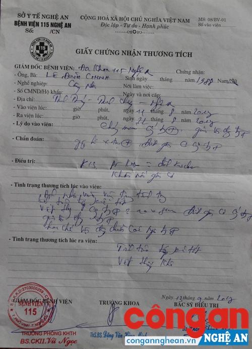 Giấy chứng nhận thương tích của anh Lê Đình Chinh