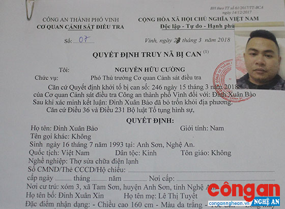 Quyết định truy nã Đinh Xuân Bảo