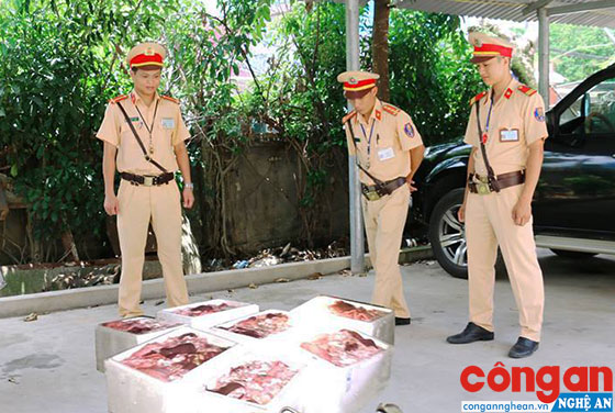 Đội CSGT-TT-CĐ kiểm tra lô hàng mỡ, da, nội tạng động vật không rõ nguồn gốc, xuất xứ, đã bốc mùi hôi thối trên xe ôtô