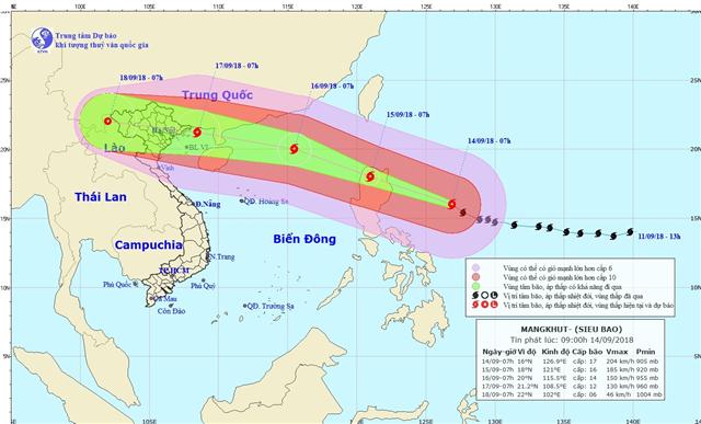 Dự báo vị trí và đường đi của Bão số 5 và Siêu bão MANGKHUT. Ảnh Nchmf.gov.vn