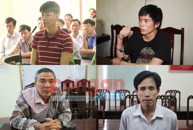 Các đối tượng có hoạt động chống phá Đảng, nhà nước bị lực lượng Công an Nghệ An phát hiện, bắt giữ trong thời gian vừa qua (Từ trái qua phải: Nguyễn Văn Oai (áo sọc đỏ), Nguyễn Viết Dũng (áo đen), Lê Đình Lượng và Hoàng Đức Bình (áo trắng)