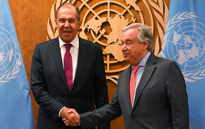 Tổng Thư ký Liên hợp quốc Antonio Guterres và Ngoại trưởng Nga Sergey Lavrov (trái) tại cuộc gặp ở New York. 