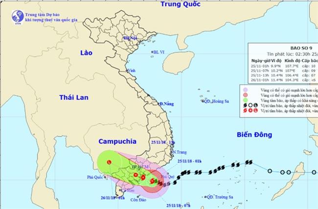 Đường đi và vị trí của cơn bão số 9 (ngày 25-11).