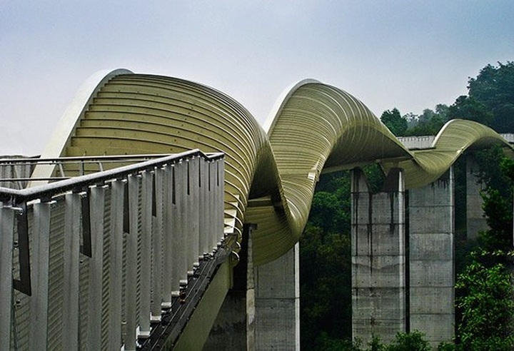 Cầu Henderson Waves, Singapore: Thiết kế của cây cầu này trông giống như những dải sóng, nối hai công viên của Singapore là Mount Faber Telok Blangah Hill với nhau. Từ đây, du khách có thể chiêm ngưỡng vẻ đẹp tự nhiên từ trên cao của khu vực này. Buối tối, cây cầu được thắp sáng một cách đầy nghệ thuật.