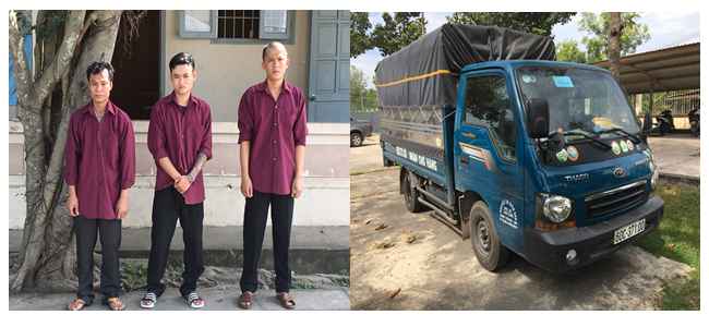 Tên Trần Văn Thế (ngoài cuàng bên trái) cùng các đối ​tượng và phương tiện gây án