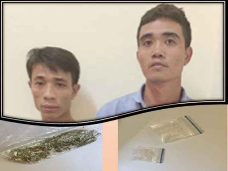 2 đối tượng Nguyễn Huy Cường(phải) và Lê Văn Hưng cùng số ma tuý thu giữ được