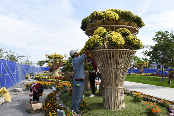 Công nhân Công ty CP Dịch vụ Đô thị Bà Rịa dặm thêm hoa,  chỉnh sửa tiểu cảnh đường hoa Phạm Văn Đồng để kịp mở cửa  cho người dân và du khách tham quan, thưởng lãm từ 28 Tết. 