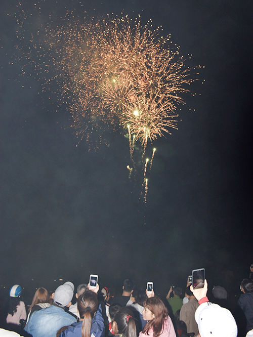 Người dân ở Phú Mỹ dùng điện thoại ghi lại khoảnh khắc pháo hoa tỏa sáng chào năm Kỷ Hợi.