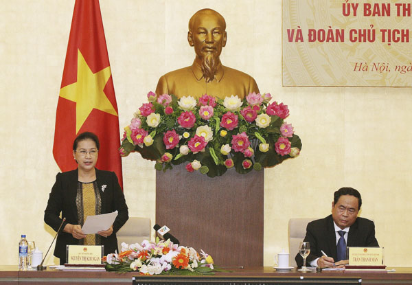 Chủ tịch Quốc hội Nguyễn Thị Kim Ngân phát biểu tại hội nghị. Ảnh: NGUYỄN DÂN 