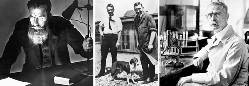 (Từ trái qua phải) các Nhà khoa học: Wilhelm Roentgen - Tia X; Fred Banting và Charles Best - Chữa tiểu đường; Karl Landsteiner - Người tìm ra nhóm máu trong cơ thể người.