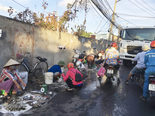 Hàng tôm, cá tràn xuống đường tại chợ tự phát trên đường Đô Lương.