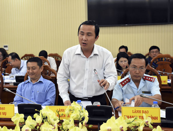 Đồng chí Lê Hoàng Hải, Giám đốc sở KH-ĐT báo cáo tình hình phát triển kinh tế- xã hôi, an ninh - quốc phòng quý I-2019