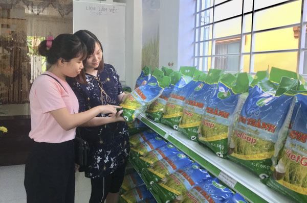 Khách tìm hiểu về thương hiệu gạo sạch Thịnh Thành trong ngày khai trương cửa hàng.