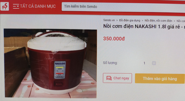 Trang bán hàng trực tuyến sendo.vn giới thiệu nồi cơm điện NAKASHI có giá bán 350 ngàn đồng, còn người dân xã Hòa Hiệp bị lừa mua với giá 2,5 triệu đồng.