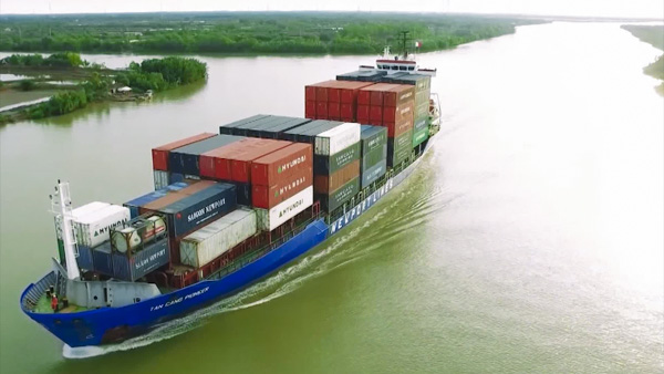Tàu container trên luồng vào cập Cảng Quốc tế - Tân Cảng Cái Mép. 