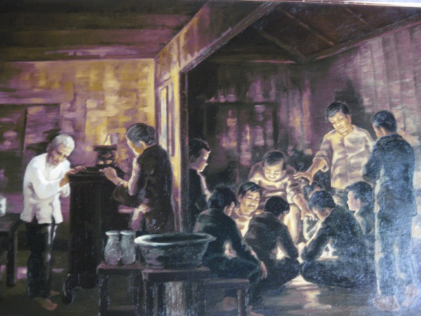 Tranh sơn dầu Cuộc họp bí mật vào đêm 25/8/1945 tại nhà má Tám Nhung.