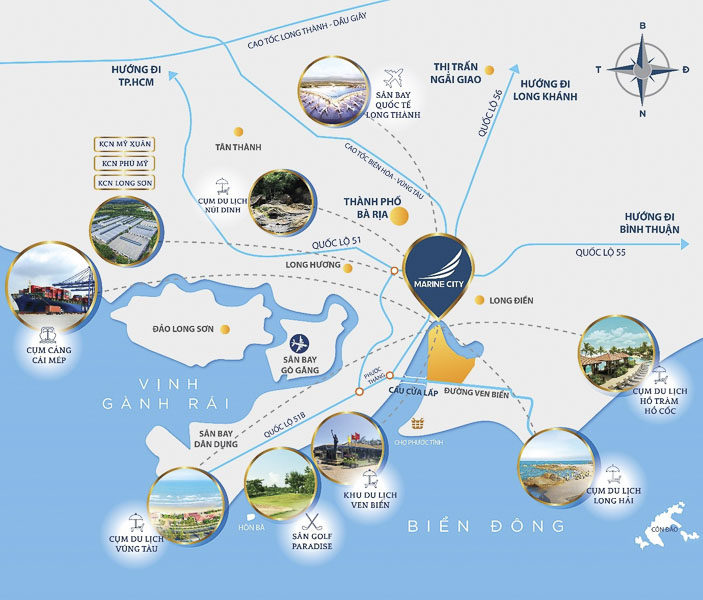 Marine City tọa lạc tại trên thế đất bồi nằm gần cửa biển, liền kề với khu dân cư sầm uất của xã Phước Tỉnh, kết nối thuận lợi với sân bay Long Thành cùng các khu vực trung tâm.