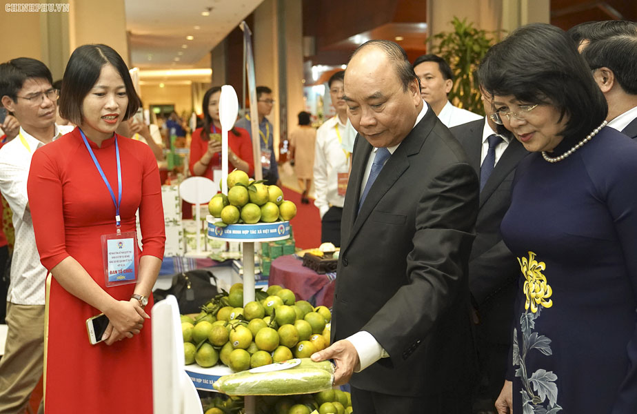 Thủ tướng Chính phủ Nguyễn Xuân Phúc và các đại biểu tham quan khu  trưng bày giới thiệu sản phẩm tiêu biểu khu vực kinh tế hợp tác và hợp tác xã.