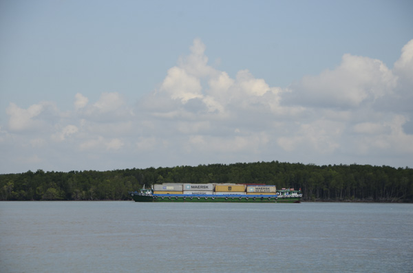 Dòng sông Thị Vải là luồng thủy nội địa quan trọng nối liền với luồng giao thông hàng hải. Trong ảnh: Tàu chở hàng đang lưu thông trên sông Thị Vải.