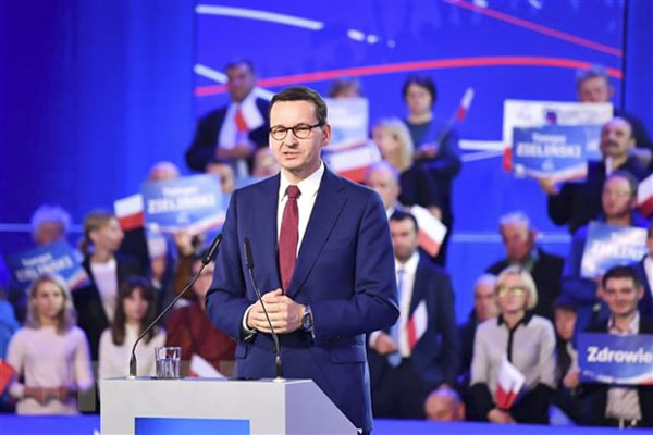 Thủ tướng Ba Lan Mateusz Morawiecki phát biểu tại Hội nghị của đảng Pháp luật và Công lý tại Chelm, miền Đông nước này. 