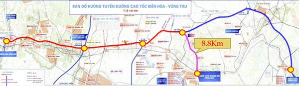 Bản đồ hướng tuyến đường cao tốc Biên Hòa-Vũng Tàu.