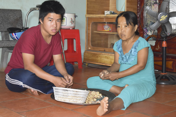 Mẹ con chị Mã Thị Hồng tách hạt điều để kiếm tiền trang trải cuộc sống.