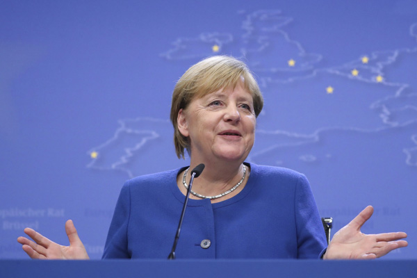 Thủ tướng Đức Angela Merkel phát biểu tại cuộc họp báo ở Brussels, Bỉ ngày 17/10/2019. 