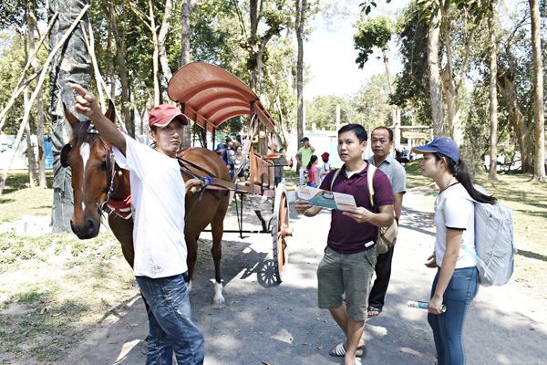 Du khách tìm hiểu dịch vụ xe ngựa tham quan công viên rừng tại Thế giới khoáng nóng Minera Hot Springs  Binh Chau.