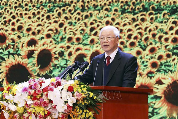 Tổng Bí thư, Chủ tịch nước Nguyễn Phú Trọng Đọc diễn văn kỷ niệm 90 năm Ngày thành lập Đảng Cộng sản Việt Nam. Ảnh: TTXVN
