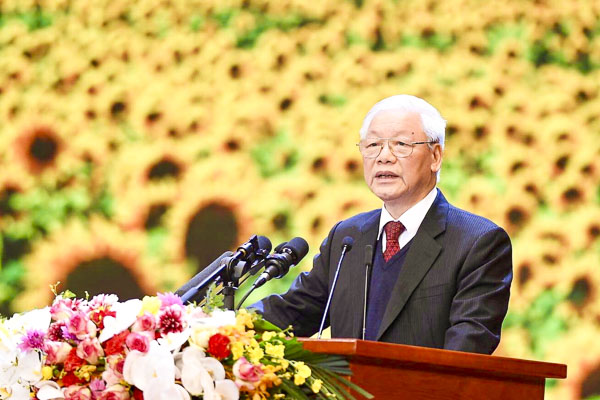 Tổng Bí thư, Chủ tịch nước Nguyễn Phú Trọng đọc diễn văn tại lễ kỷ niệm. Ảnh: NHẬT BẮC