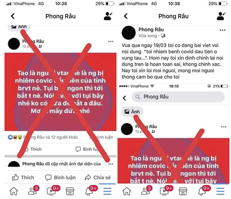 Trang Fecebook của Phong Râu - 1 cá nhân ngụ ở huyện Đất Đỏ đã bị Công an huyện Đất Đỏ xử phạt hành chính do đưa tin bị nhiễm COVID-19 trên mạng xã hội.