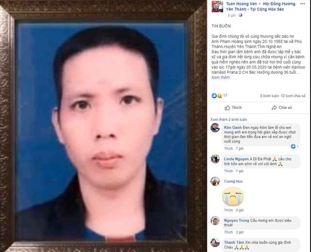 Thông tin về  một nam lao động người Nghệ An tử vong được đăng tải trên facebook của Hội đồng hương Yên Thành tại Cộng hòa Séc 