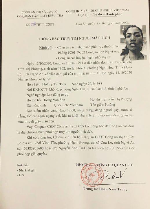 Thông báo truy tìm chị Phượng mất tích của Công an Tx. Cửa Lò